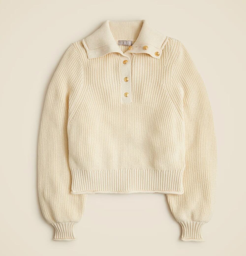 J.Crew Ribbed Cotton Gold Button Collar Sweater Preppy Classic Cream Large NWT